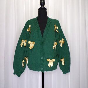 Luna Ivy Ugly Christmas Sweater Cardigan Womens Large Green Gold Bows Buttons